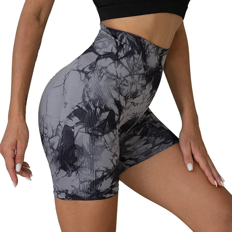 Women's Tie-Dye Seamless Yoga Shorts - High-Waisted for Cycling, Running & Gym