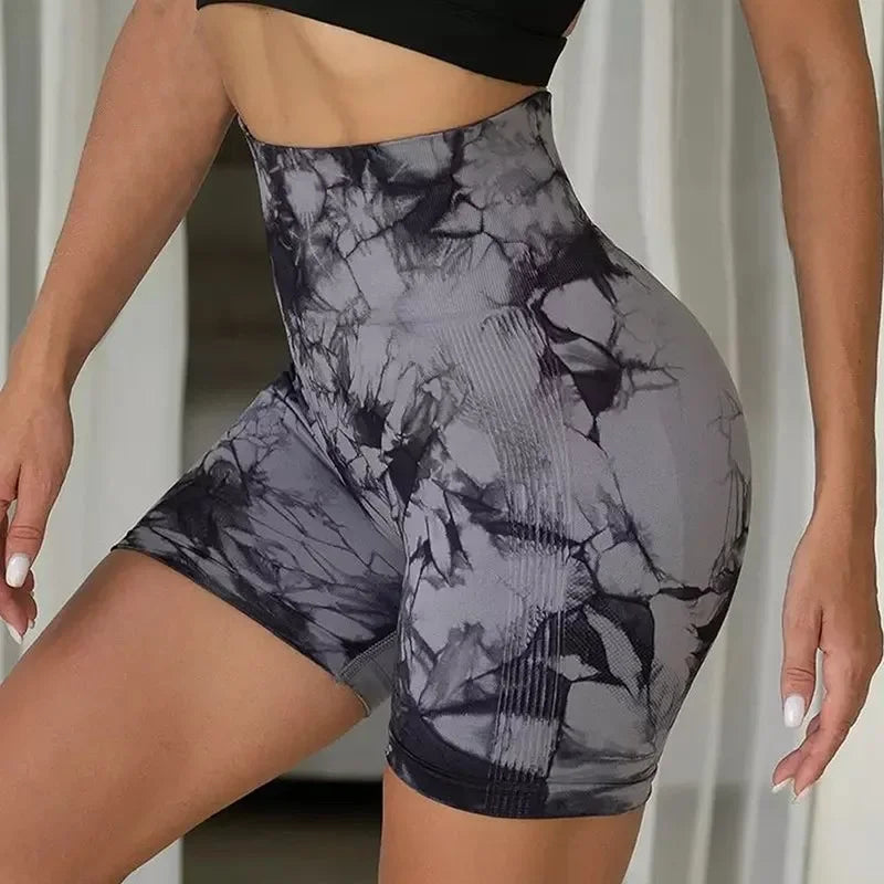 Women's Tie-Dye Seamless Yoga Shorts - High-Waisted for Cycling, Running & Gym