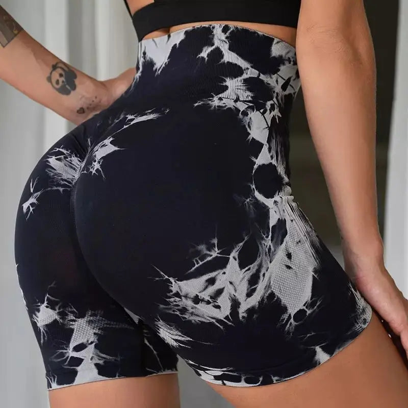 Women's Tie-Dye Seamless Yoga Shorts - High-Waisted for Cycling, Running & Gym