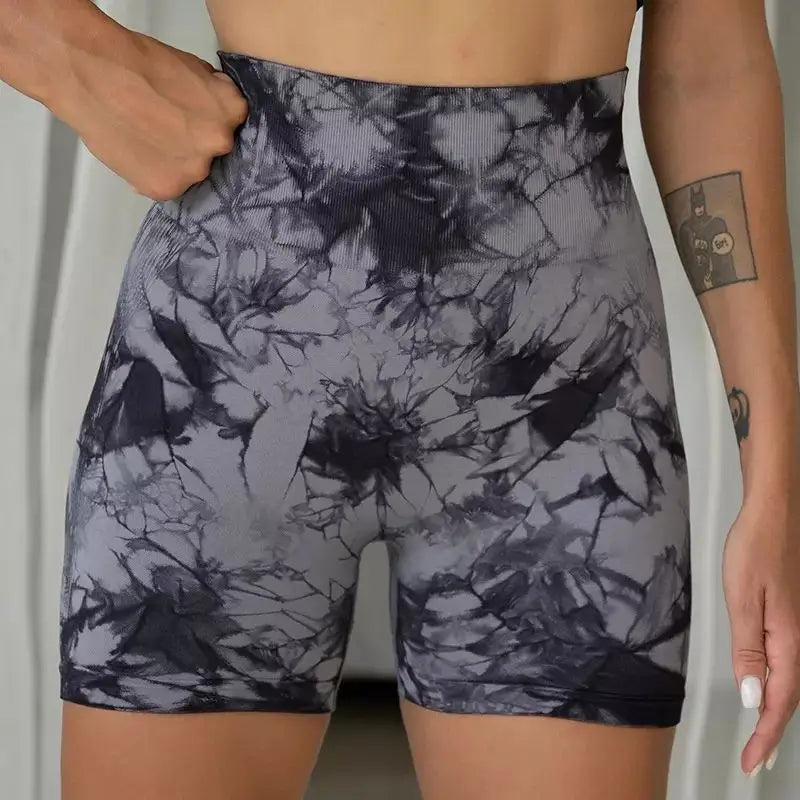 Women's Tie-Dye Seamless Yoga Shorts - High-Waisted for Cycling, Running & Gym