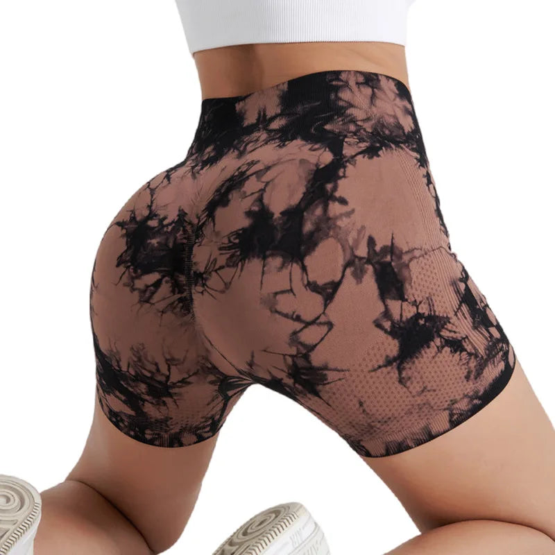 Women's Tie-Dye Seamless Yoga Shorts - High-Waisted for Cycling, Running & Gym