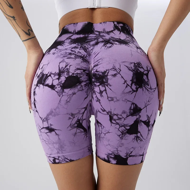 Women's Tie-Dye Seamless Yoga Shorts - High-Waisted for Cycling, Running & Gym